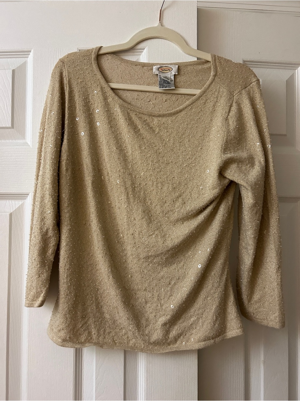 Vintage Talbots Sequin Knit Sweater Medium Beige Scoop Neck 90s Hong Kong